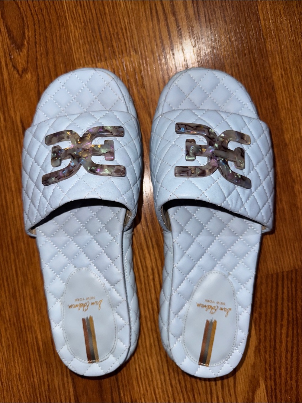 Sam Edelman Blue Quilted Slide Mules with Iridescent Emblem